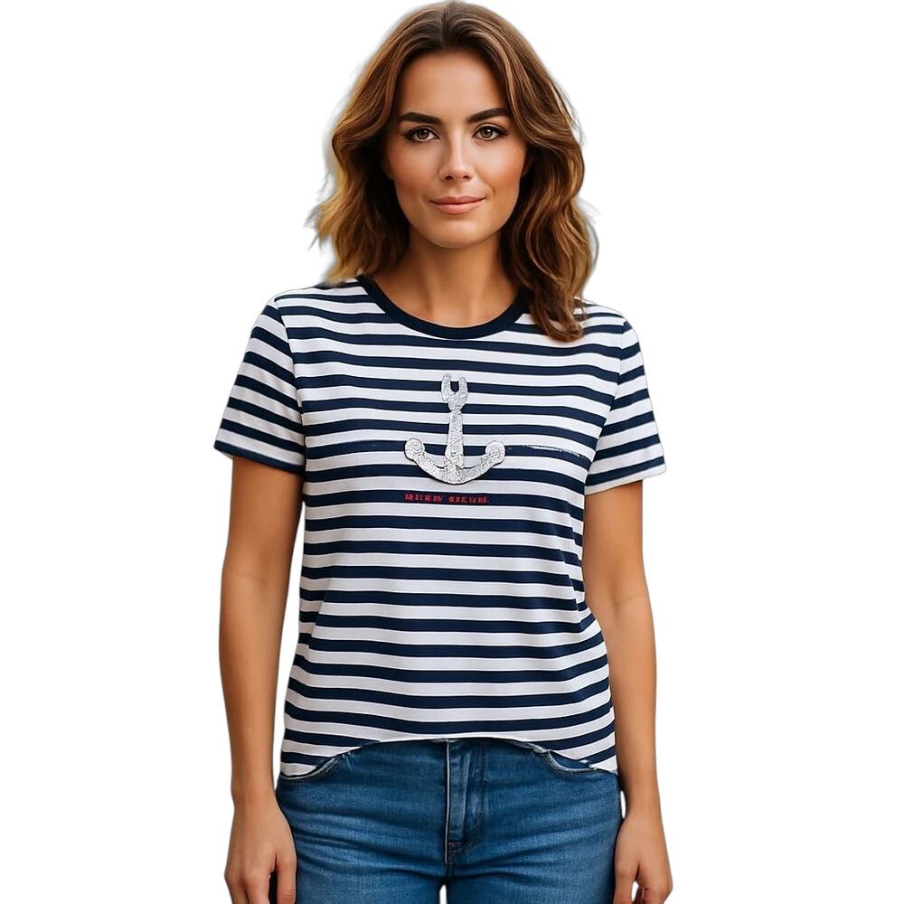 Zara Diving Moments Pearls Anchor‎ Sea Shirt Striped Round Neck Women's Small